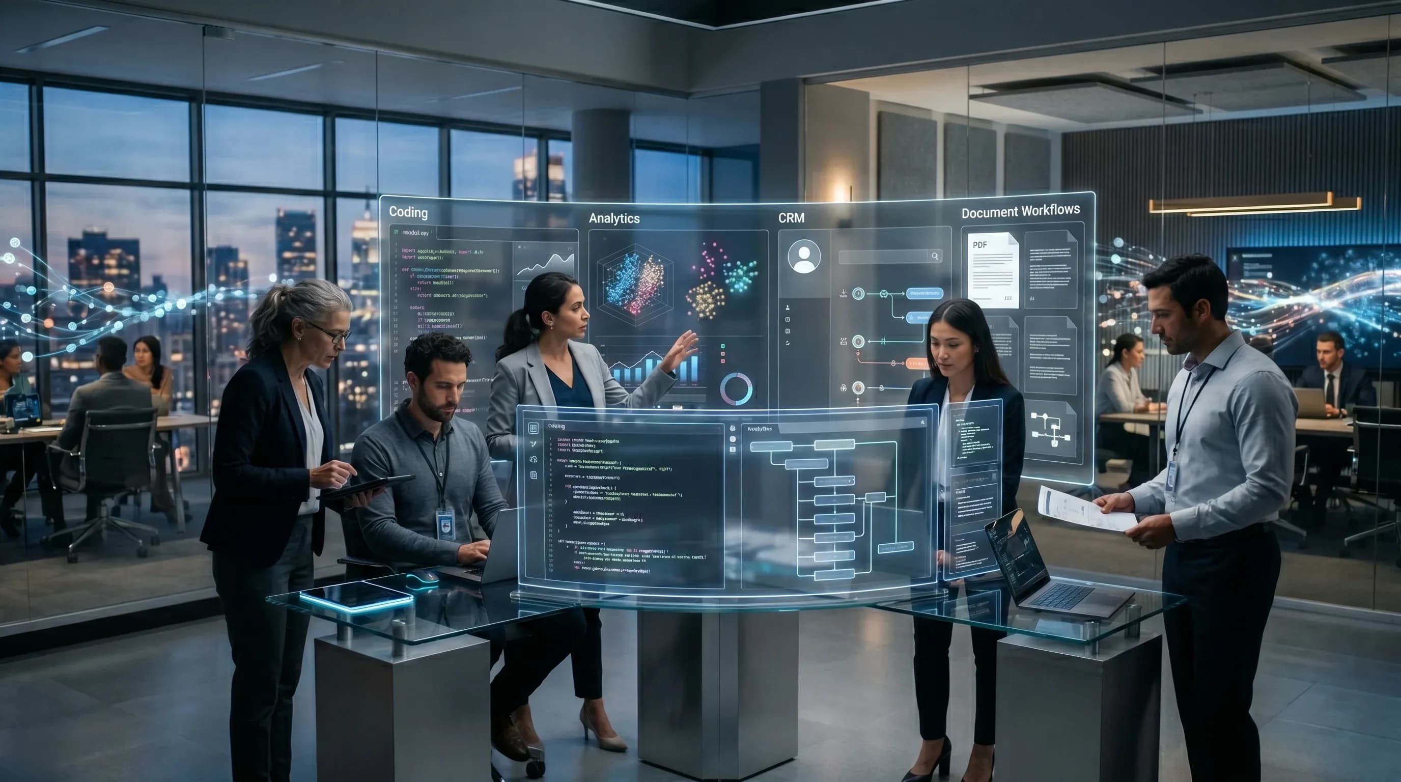 Концептуальная сцена внедрения корпоративного AI для кода, аналитики и автоматизации процессов