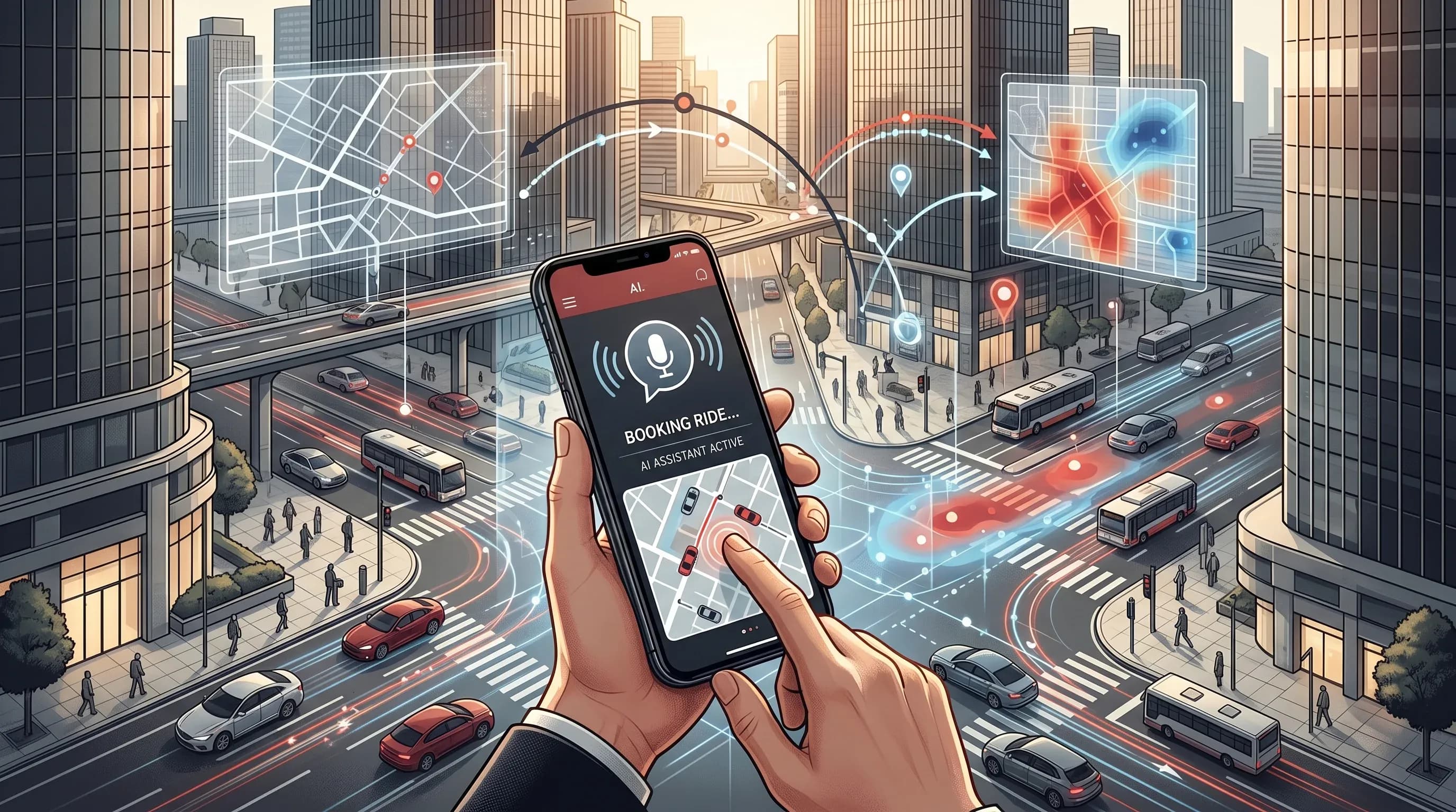 Интерфейс Uber с AI-ассистентом и голосовым заказом на фоне городского трафика