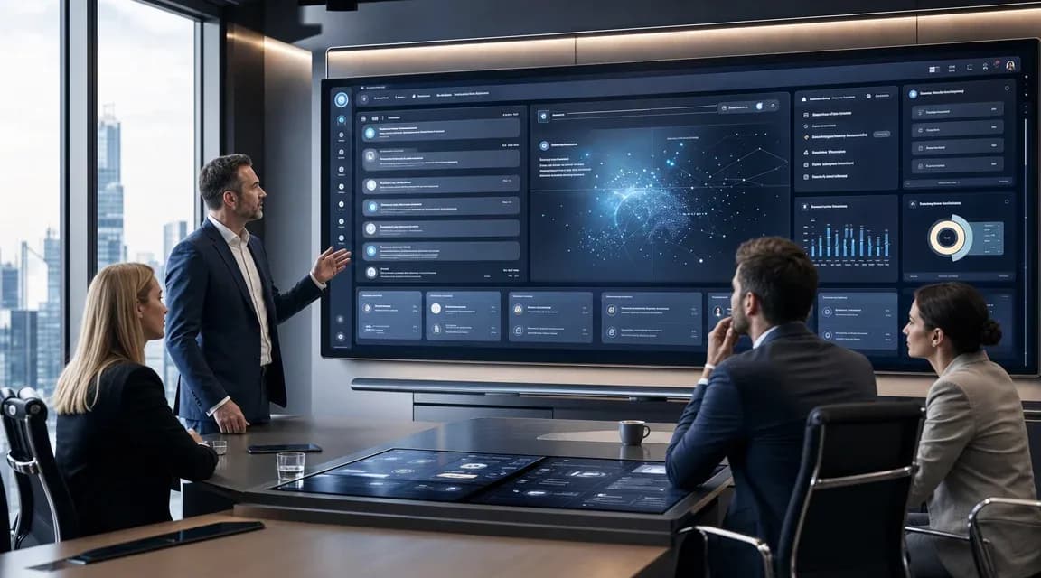 Интерфейс AI-платформы с краткими ответами, аналитикой и персонализацией для бизнес-команды