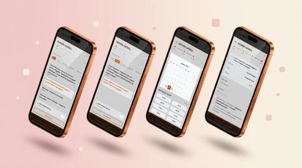 Мокап онлайн-записи NailLounge на четырёх экранах iPhone