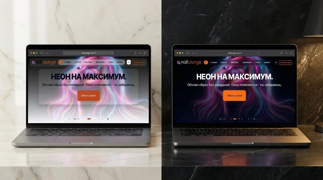 Десктопная главная NailLounge в светлой и тёмной темах