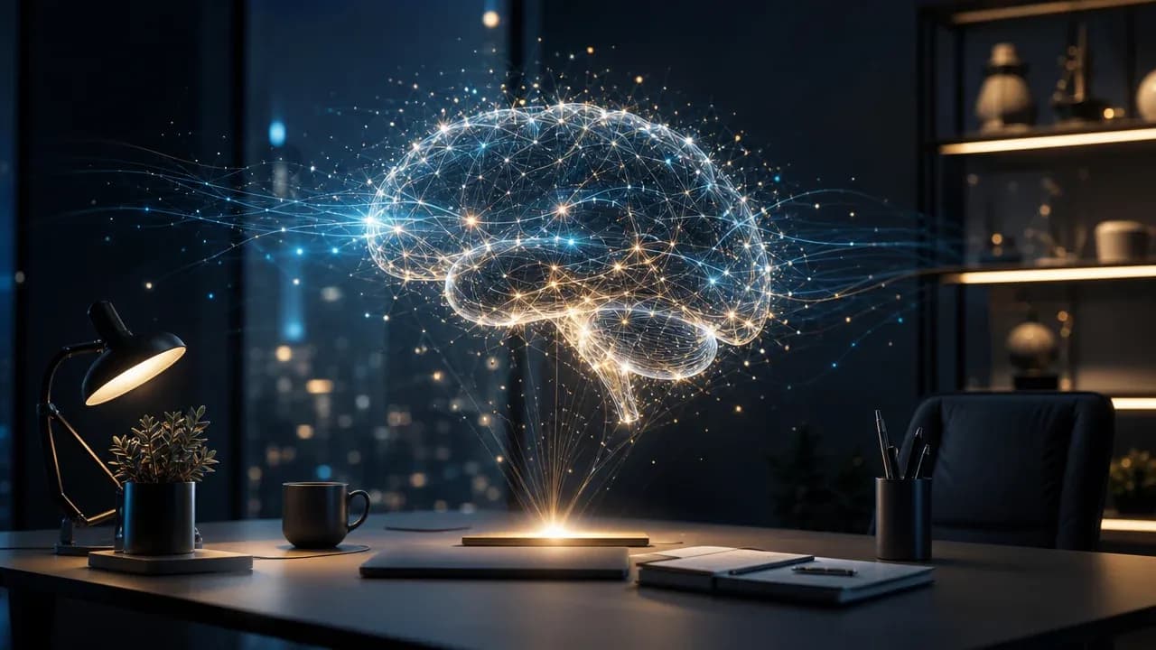 Футуристичная визуализация искусственного интеллекта, обрабатывающего массивы корпоративных данных