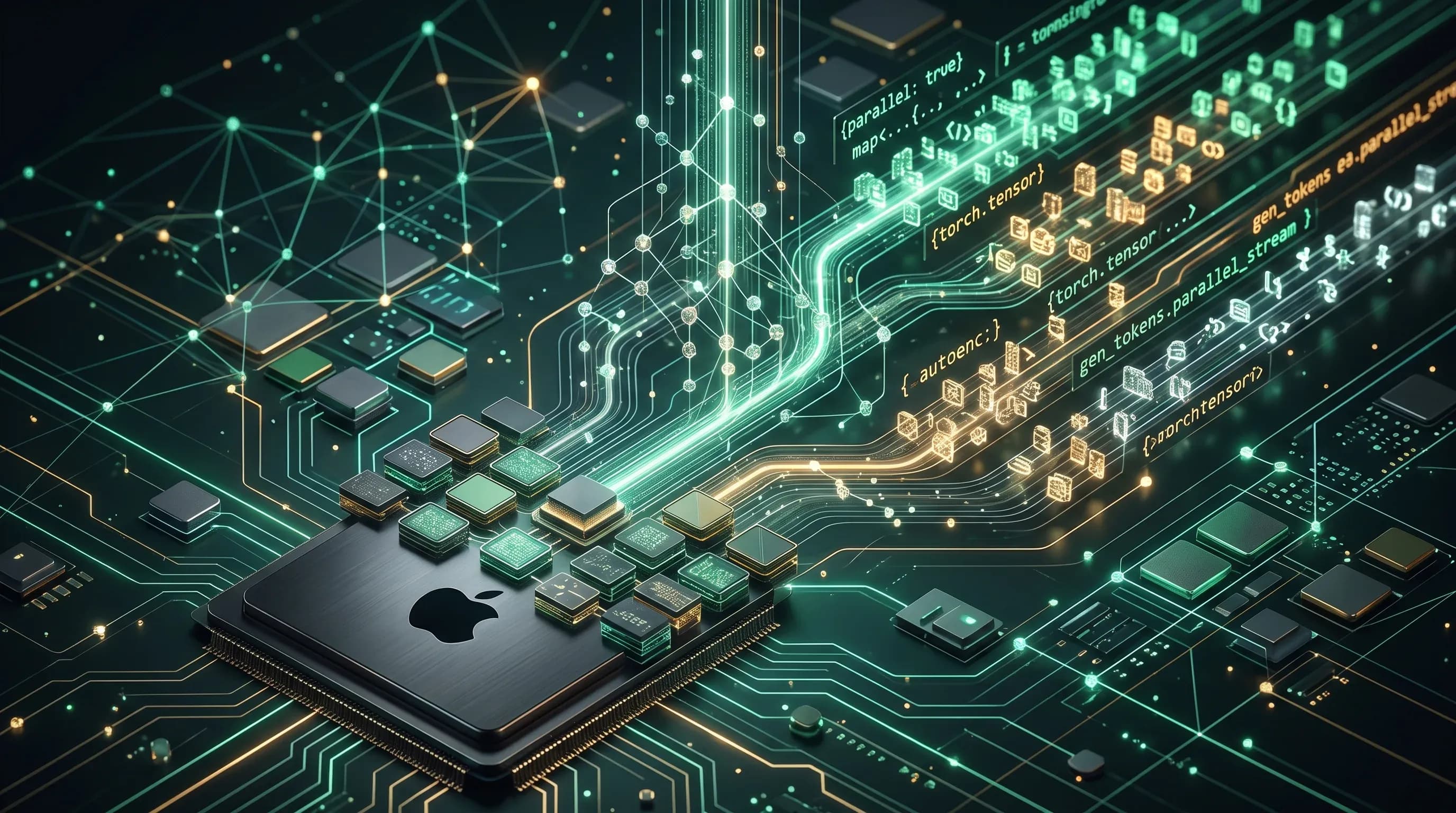 Абстрактная визуализация ускорения Gemma 4 на Apple Silicon через multi-token prediction и MLX